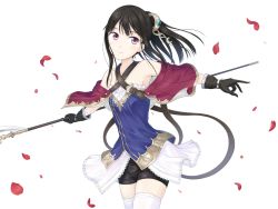 Rule 34 | 1girl, atelier (series), atelier meruru, black hair, closed mouth, dress, gloves, hair ornament, highres, long hair, looking at viewer, mimi houllier von schwarzlang, ponytail, puchi kurage, purple eyes, shorts, simple background, smile, solo, thighhighs, white background
