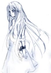 Rule 34 | 00s, 1girl, anna irving, cuffs, dress, female focus, gradient background, long hair, monochrome, shackles, sketch, solo, tales of (series), tales of symphonia, white background