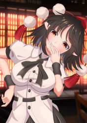 Rule 34 | 1girl, amanoyayuki, black hair, black ribbon, black skirt, black wristband, breasts, brown eyes, collared shirt, grin, hand on own hip, hat, highres, large breasts, looking at viewer, neck ribbon, pointy ears, pom pom (clothes), puffy short sleeves, puffy sleeves, red hat, red ribbon, ribbon, shameimaru aya, shirt, short sleeves, skirt, smile, solo, tassel, tokin hat, touhou, white shirt, wristband