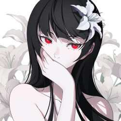 Rule 34 | 1girl, black hair, collarbone, commentary, covering own mouth, english commentary, flower, hair flower, hair ornament, hand over own mouth, highres, lily (flower), long hair, looking at viewer, mi xiaoyou, original, red eyes, solo, upper body, white flower
