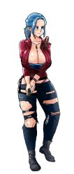 Rule 34 | 1girl, absurdres, ankle boots, blue eyes, blue hair, boots, breasts, bulma, claire redfield, claire redfield (cosplay), cleavage, commentary, cosmicdairy, cosplay, denim, dog tags, dragon ball, dragonball z, english commentary, forehead, gun, hair pulled back, handgun, highleg, highleg panties, highres, huge breasts, jacket, jeans, long hair, panties, pants, pistol, ponytail, purple panties, red jacket, resident evil, resident evil 2, resident evil 2 (remake), skindentation, solo, torn clothes, torn jeans, torn pants, transparent background, underwear, weapon