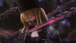 Rule 34 | 1girl, armor, blonde hair, breasts, cleavage, code vein, commentary, fur hat, gas mask, glowing, glowing eyes, hair between eyes, hat, highres, lunar insanity, mask, mia karnstein, red eyes, shoulder armor, small breasts, solo, tail, twintails, vampire, weapon