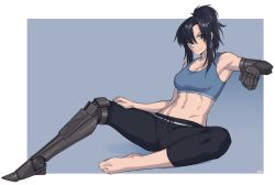 Rule 34 | 1girl, abs, absurdres, amputee, angelia (girls&#039; frontline), artist name, artist request, barefoot, black pants, blue bra, blue hair, bra, breasts, brown eyes, collarbone, girls&#039; frontline, hair between eyes, hair over one eye, hand on thigh, highres, ittla, long hair, looking at viewer, medium breasts, midriff, muscular, navel, pants, ponytail, prosthesis, prosthetic arm, prosthetic leg, reclining, scar, simple background, sitting, smile, solo, sports bra, spread legs, striped, underwear, yoga pants