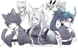 09wave_hb 5boys animal_ears aqua_horns artist_name bead_necklace beads black_hair black_jacket blue_hair calcharo_(wuthering_waves) cat_boy cat_ears cat_tail chest_harness chibi closed_mouth coat coat_partially_removed collared_jacket commentary_request covered_collarbone dragon_horns earrings eastern_dragon_horns expressionless eyeliner facial_mark fangs forehead_mark geshu_lin_(wuthering_waves) grey_eyes hair_between_eyes harness high_ponytail highres horns jacket jewelry jiyan_(wuthering_waves) long_hair looking_at_viewer low_ponytail makeup male_focus male_rover_(wuthering_waves) multiple_boys necklace open_clothes open_jacket open_mouth parted_bangs ponytail rabbit_ears red_eyeliner rover_(wuthering_waves) scar scar_on_face scar_on_mouth serious shirt short_hair simple_background smile tacet_mark_(wuthering_waves) tail tassel tassel_earrings turtleneck twitter_username upper_body very_long_hair watermark white_background white_hair white_shirt wolf_ears wuthering_waves xiangli_yao yellow_eyes