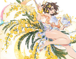 Rule 34 | 1girl, bare legs, bouquet, breasts, brown eyes, brown hair, flower, foot out of frame, glass slipper, hand up, highres, holding, holding bouquet, leg up, legs, leotard, looking at viewer, mimosa (flower), open mouth, original, plant, small breasts, smile, solo, thighs, transparent footwear, umishima senbon, white leotard, yellow flower