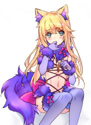Rule 34 | 1boy, animal ears, blonde hair, blue eyes, blush, bow, chevalier d&#039;eon (fate), choker, cosplay, crossdressing, elbow gloves, fate/grand order, fate (series), fur trim, gloves, hair between eyes, long hair, male focus, mash kyrielight, mash kyrielight (dangerous beast), mash kyrielight (dangerous beast) (cosplay), navel, official alternate costume, other focus, pink bow, purple gloves, purple thighhighs, simple background, solo, tail, thighhighs, trap, wanko (takohati8), white background, wolf ears, wolf tail