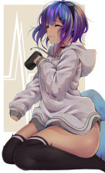 Rule 34 | 1girl, alternate costume, black thighhighs, commentary request, cup, dark-skinned female, dark skin, closed eyes, fate/grand order, fate (series), hassan of serenity (fate), highres, holding, holding cup, hood, hood down, hoodie, long sleeves, mug, purple hair, seiza, short hair, shunga (shun608), sitting, sleeves past wrists, solo, thighhighs, thighs
