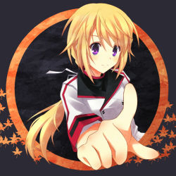 Rule 34 | 10s, 1girl, blonde hair, charlotte dunois, deta-mxproject, foreshortening, infinite stratos, long hair, pointing, purple eyes, smile, solo