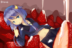 Rule 34 | 10s, 1girl, :p, chig (mizusaki), crescent, crescent hair ornament, food, fruit, hair ornament, kantai collection, looking at viewer, lying, navel, pleated skirt, school uniform, serafuku, short hair, short hair with long locks, skirt, solo, strawberry, tongue, tongue out, yayoi (kancolle)
