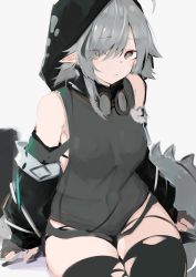 Rule 34 | 1girl, arknights, asususususu, black sleeves, black thighhighs, breasts, cowboy shot, crocodilian tail, detached sleeves, eyes visible through hair, flower, gloves, goggles, goggles around neck, green hair, green shirt, grey gloves, grey hair, hair between eyes, hair over one eye, highres, hood, hood up, looking at viewer, multicolored hair, partially submerged, shirt, simple background, sitting, small breasts, solo, streaked hair, tail, thighhighs, thighs, tomimi (arknights), torn clothes, torn thighhighs, white background, white flower, yellow eyes