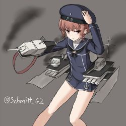 Rule 34 | 10s, 1girl, bare legs, blue dress, blunt bangs, brown background, brown eyes, brown hair, dress, hand on headwear, hat, kantai collection, looking at viewer, machinery, neckerchief, sailor collar, sailor dress, sailor hat, short hair, simple background, smoke, solo, twitter username, yakob labo, z3 max schultz (kancolle)