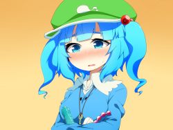 Rule 34 | 1girl, anal beads, bad id, bad pixiv id, blue eyes, blue hair, blush, collagen, dildo, female focus, green hat, hair bobbles, hair ornament, hat, jewelry, kawashiro nitori, key, key necklace, matching hair/eyes, necklace, open mouth, sex toy, short hair, solo, touhou, two side up