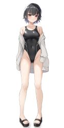 1girl absurdres black_eyes black_hair breasts competition_swimsuit covered_navel earrings full_body highleg highres hood hoodie jewelry looking_at_viewer medium_breasts ncontrail_(mgax7527) one-piece_swimsuit original short_hair solo standing swimsuit swimsuit_under_clothes toeless_footwear white_background