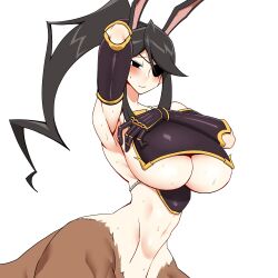 Rule 34 | 1girl, animal ears, arm up, armor, armpits, bare shoulders, black eyes, black hair, blush, breasts, centaur, closed mouth, commentary request, cowboy shot, eyepatch, gauntlets, highres, horse ears, japanese armor, korean commentary, large breasts, long hair, mannungei, monster girl, multiple legs, muneate, naked muneate, navel, original, ponytail, simple background, solo, stomach, sweat, taur, underboob, white background