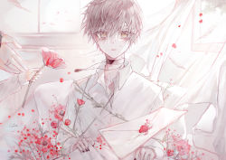 Rule 34 | 1boy, absurdres, blank stare, child, crying, crying with eyes open, curtains, dropping, flower, highres, holding, holding flower, letter, looking at viewer, original, shirt, short hair, tears, tefuto 428, under covers, white shirt, wind