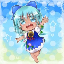 Rule 34 | &gt;:d, 1girl, :d, barefoot, blue eyes, blue hair, blush, bow, chibi, cirno, dress, flower, hair bow, hidden star in four seasons, open mouth, outstretched arms, plant, polka dot, polka dot background, sacchan happy, short hair, smile, solo, star (symbol), sunflower, tan, tanned cirno, touhou, v-shaped eyebrows, vines, waving