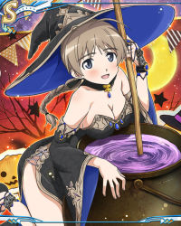 Rule 34 | 1girl, blue eyes, blush, breasts, card (medium), cauldron, cleavage, halloween, hat, jack-o&#039;-lantern, jewelry, large breasts, lynette bishop, official art, panties, ponytail, pumpkin, solo, strike witches, tree, underwear, white panties, witch, witch hat, world witches series
