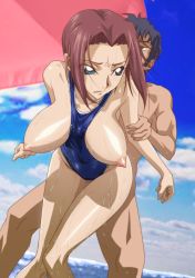 Rule 34 | 1girl, arm grab, bare arms, bare legs, bare shoulders, bent over, blue eyes, blue one-piece swimsuit, bouncing breasts, breasts, breasts out, brown hair, censored, clothed female nude male, clothed sex, cloud, code geass, covered navel, day, groin, hanging breasts, highres, kouzuki kallen, kyabakurabakufu, large breasts, legs, legs together, looking back, nipples, nude, ocean, one-piece swimsuit, outdoors, parasol, parted lips, sex, short hair, sky, solo focus, standing, sweat, swimsuit, thighs, umbrella, vaginal, water