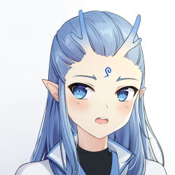 Rule 34 | 1girl, blue eyes, blue hair, blush, commentary request, copyright request, facial mark, forehead mark, highres, jacket, journey to the west, long hair, male focus, nezha zhi motong jiangshi, open mouth, passerby b, pointy ears, portrait, simple background, solo, teeth, upper teeth only, white background, white jacket