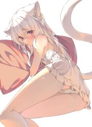 Rule 34 | 1girl, animal ear fluff, animal ears, blush, cat ears, cat girl, cat tail, dress, feet out of frame, highres, long hair, looking at viewer, lying, on side, original, panties, pillow, red eyes, shiro youduki, sleeveless, sleeveless dress, slit pupils, solo, tail, underwear, white background, white hair, white panties, white tail