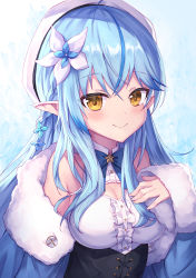 Rule 34 | 1girl, absurdres, bare shoulders, beret, blue bow, blue hair, blue jacket, blush, bow, braid, breasts, brown eyes, center frills, cleavage, commentary request, flower, frills, fur-trimmed sleeves, fur trim, hair between eyes, hair flower, hair ornament, half updo, hat, highres, hololive, jacket, long hair, long sleeves, looking at viewer, masaki (msk064), medium breasts, multicolored hair, open clothes, open jacket, pointy ears, shirt, sleeveless, sleeveless shirt, sleeves past wrists, solo, streaked hair, upper body, very long hair, virtual youtuber, white flower, white hat, white shirt, yukihana lamy