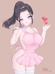 Rule 34 | 1girl, :q, apron, black hair, blue eyes, blush, breasts, brown background, cleavage, closed mouth, curvy, forehead, hair ornament, hand up, hands up, heart, heart hair ornament, highres, holding, large breasts, long hair, looking at viewer, naked apron, original, ponytail, sideboob, sidelocks, simple background, smile, solo, thighhighs, thighs, tongue, tongue out, topknot, ushinomiya, whisk, white thighhighs