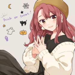 Rule 34 | 1girl, brown eyes, grey background, halloween, hat, highres, long hair, looking at viewer, nagimugi, original, own hands together, red hair, smile, solo
