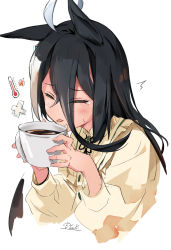 Rule 34 | 1girl, ^^^, ahoge, animal ears, artist logo, artist name, blush, bracelet, buttons, closed eyes, coffee, cropped torso, crossed bandaids, cup, earrings, fire, hirai yuzuki, holding, holding cup, horse ears, jewelry, long hair, long sleeves, manhattan cafe (umamusume), multicolored hair, puffy long sleeves, puffy sleeves, shirt, simple background, single earring, solo, streaked hair, sweatdrop, tearing up, thermometer, tongue, tongue out, umamusume, upper body, white background, yellow shirt