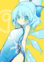Rule 34 | circled 9, 1girl, alternate costume, bare arms, blue dress, blue eyes, blue hair, blush, china dress, chinese clothes, cirno, colorized, dress, dutch angle, flat color, hair ribbon, ice, ice wings, looking at viewer, matching hair/eyes, minamura haruki, parted lips, ribbon, short hair, simple background, sketch, snowflakes, solo, touhou, wings, yellow background