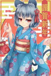 Rule 34 | 1girl, ahoge, animal ear fluff, animal ears, blue kimono, blush, chinese zodiac, closed mouth, commentary request, egasumi, floral print, flower, grey hair, hair flower, hair ornament, hands up, highres, japanese clothes, kimono, long sleeves, looking at viewer, mouse ears, mouse girl, mouse tail, nazrin, new year, obi, print kimono, red eyes, red flower, sash, smile, solo, tail, touhou, uumaru, wide sleeves, year of the rat