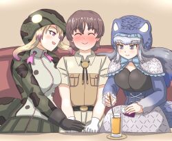 Rule 34 | 1boy, 2girls, african rock python (kemono friends), animal ears, blonde hair, blue eyes, blue hair, blush, bow, bowtie, breasts, brown hair, capelet, captain (kemono friends), cup, drawstring, dress, drinking glass, frills, gloves, grey hair, hat, hood, hood up, hooded jacket, host club, hostess, implied drugging, jacket, kemono friends, kemono friends 3, komodo dragon (kemono friends), lizard tail, long hair, long sleeves, looking at another, medium breasts, mukouyama mu, multicolored hair, multiple girls, open mouth, purple eyes, purple hair, reptile girl, shirt, short hair, short sleeves, skirt, smile, snake print, snake tail, tail, two-tone hair, white hair
