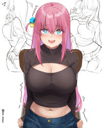 Rule 34 | 1girl, absurdres, black shirt, blue eyes, bocchi the rock!, breasts, casual, chair, cleavage cutout, clothing cutout, denim, embarrassed, gotoh hitori, highres, jeans, large breasts, midriff, navel, pants, pinepin, pink hair, shirt, simple background, sitting, smile, white background