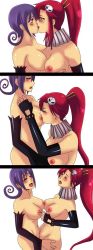 Rule 34 | 00s, 2girls, bare shoulders, blair (soul eater), blush, breast press, breast sucking, breasts, chopsticks, comic, crossover, detached sleeves, dkstudios05, elbow gloves, eye contact, closed eyes, fingerless gloves, gloves, hair ornament, hug, kiss, large breasts, long hair, looking at another, midriff, moaning, multiple girls, navel, nipples, nipples touching, open mouth, ponytail, purple hair, red hair, scarf, skull, soul eater, spikes, symmetrical docking, tengen toppa gurren lagann, tribadism, uncensored, very long hair, yellow eyes, yoko littner, yuri
