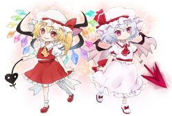 Rule 34 | 2girls, ascot, bat wings, blonde hair, bright pupils, closed mouth, collared dress, dress, flandre scarlet, frilled shirt, frills, full body, hat, holding, holding polearm, holding spear, holding weapon, laevatein, light purple hair, long hair, looking at viewer, mary janes, mob cap, multiple girls, open mouth, orange eyes, pink eyes, pink wings, polearm, puffy short sleeves, puffy sleeves, red ascot, red footwear, red skirt, remilia scarlet, shirt, shoes, short hair, short sleeves, siblings, side ponytail, sisters, skirt, skirt set, smile, socks, spear, spear the gungnir, touhou, weapon, white dress, white headwear, white legwear, white pupils, wings, yellow ascot, yoshishi (yosisitoho)