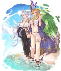Rule 34 | 4girls, ahoge, belt, bikini, blue sky, braid, breasts, bridal garter, brown eyes, brown hair, camieux, cleavage, cloak, cloud, collarbone, commentary, cucouroux (granblue fantasy), draph, flower, formal, granblue fantasy, hair flower, hair ornament, highres, holding hands, horns, interlocked fingers, jacket, unworn jacket, large breasts, limitless skye, long hair, looking at another, multiple girls, navel, open mouth, palm tree, pant suit, pants, parted lips, peeking out, ponytail, ribbon, sandals, silva (granblue fantasy), silver hair, sky, smile, suit, sunglasses, swimsuit, tree, tweyen (eternal&#039;s summer vacation) (granblue fantasy), tweyen (granblue fantasy), twin braids, water, wrist ribbon, yellow eyes