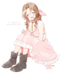 Rule 34 | 1girl, aerith gainsborough, blush, boots, brown hair, dress, final fantasy, final fantasy vii, final fantasy vii remake, highres, krudears, long dress, open mouth, pink dress, ribbon, sidelocks, smile, solo, square enix, white background