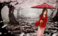Rule 34 | 1girl, brown eyes, brown hair, cherry blossoms, highres, japanese clothes, kimono, long hair, mizu asato, oil-paper umbrella, original, petals, solo, tree, umbrella