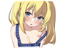 Rule 34 | 1girl, alternate costume, alternate hairstyle, bare shoulders, blonde hair, blue eyes, blue overalls, blush, breasts, chestnut mouth, chitose sana, cleavage, close-up, collarbone, commentary request, crossed bangs, eyelashes, hair between eyes, head tilt, long hair, looking at viewer, no bra, open mouth, overalls, plaid overalls, simple background, small breasts, solo, strap slip, tenshinranman, tft (tft7822), tsurime, twintails, white background