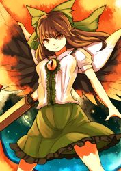 Rule 34 | 1girl, arm cannon, bad id, bad pixiv id, black wings, bow, breasts, brown hair, cape, female focus, gradient background, hair bow, long hair, nosuku, red eyes, reiuji utsuho, shirt, skirt, smile, solo, space, star (sky), third eye, touhou, weapon, wings