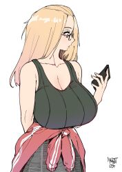 Rule 34 | 1girl, absurdres, arm behind back, artist name, bangs pinned back, bare shoulders, blonde hair, breasts, cleavage, folded hair, glasses, hair pulled back, highres, holding, holding phone, huge breasts, inne sulistya robin, looking at phone, norman maggot, original, phone, ribbed tank top, skirt, solo, tank top, tied sweater, white background