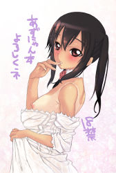 Rule 34 | 1girl, breasts, brown eyes, brown hair, choker, clothes pull, covered erect nipples, dress, dress pull, finger to mouth, flower, from side, k-on!, long hair, looking at viewer, nagy, nakano azusa, nipples, one-piece tan, parted lips, rose, saliva, small breasts, solo, sweat, tan, tanline, twintails