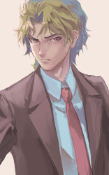 Rule 34 | 1boy, aged down, blonde hair, child, dio brando, formal, frown, highres, jojo no kimyou na bouken, male focus, muted color, natapy1, necktie, phantom blood, red eyes, solo, suit