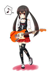 Rule 34 | 00s, 1girl, blush, brown eyes, brown hair, child, collar, flat chest, guitar, instrument, k-on!, kouji (campus life), long hair, musical note, mustang (guitar), nakano azusa, quaver, skirt, smile, solo, speech bubble, spoken musical note, thighhighs, torn clothes, torn thighhighs, twintails, zettai ryouiki