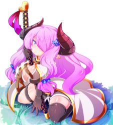Rule 34 | 1girl, asymmetrical legwear, between breasts, black gloves, black thighhighs, breasts, cleavage, cobblestone, commentary request, draph, elbow gloves, gloves, granblue fantasy, grass, hair ornament, hair over one eye, hairclip, horns, katana, kneeling, large breasts, long hair, mismatched legwear, narmaya (granblue fantasy), oborotsuki kakeru, open clothes, partial commentary, pointy ears, purple eyes, purple hair, sheath, sheathed, sidelocks, single thighhigh, skindentation, solo, sword, thigh strap, thighhighs, transparent background, very long hair, weapon