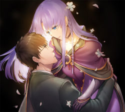 Rule 34 | 1boy, 1girl, black background, black jacket, blue eyes, brown eyes, brown hair, capelet, carrying, choker, collarbone, couple, dress, eye contact, fate/stay night, fate (series), floating hair, glasses, jacket, jewelry, kuzuki souichirou, long hair, long sleeves, looking at another, medea (fate), parted lips, purple capelet, purple dress, purple hair, ring, simple background, smile, touyama sabu, very long hair, wedding ring