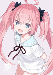 Rule 34 | 1girl, :d, ahoge, alternate costume, arms behind back, black bow, blue eyes, blue sailor collar, bow, brown ribbon, capriccio, commentary request, dress, fang, grey background, hair between eyes, hair bow, long hair, milim nava, neck ribbon, open mouth, pink hair, ribbon, sailor collar, sailor dress, short dress, simple background, smile, solo, tensei shitara slime datta ken, twintails, very long hair, white dress