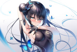 Rule 34 | 1girl, arm up, armpits, bare shoulders, black dress, black gloves, black hair, blue archive, blue eyes, blush, breasts, bug, butterfly, butterfly hair ornament, commentary request, double bun, dragon print, dress, gloves, hair bun, hair ornament, highres, insect, kisaki (blue archive), long hair, looking at viewer, medium breasts, meion, parted lips, sleeveless, solo, twintails, upper body