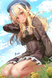 Rule 34 | 1girl, a (sofi3103), absurdres, bad id, bad pixiv id, bare legs, beret, black choker, black ribbon, blonde hair, blush, breasts, brown dress, brown eyes, brown jacket, choker, cloud, cloudy sky, dark-skinned female, dark skin, day, dress, earrings, elf, feet out of frame, flower, frilled dress, frills, grass, hair between eyes, hat, highres, hololive, jacket, jewelry, long hair, long sleeves, looking at viewer, medium breasts, multicolored hair, open clothes, open jacket, outdoors, parted lips, pointy ears, ribbon, shiranui flare, shiranui flare (street), sitting, sky, solo, streaked hair, virtual youtuber, white hair, yellow flower