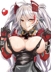Rule 34 | 1girl, :q, azur lane, breasts, cleavage, covered erect nipples, gloves, hasaya, heart, large breasts, long hair, looking at viewer, orange eyes, prinz eugen (azur lane), silver hair, smile, solo, tongue, tongue out, twintails, two side up