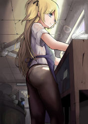 Rule 34 | 1girl, absurdres, apron, ass, black pantyhose, blonde hair, blue apron, blue eyes, bug, cabinet, ceiling, ceiling fan, cleaning, closed mouth, from below, girls&#039; frontline, highres, hongshao tang gua, indoors, lens flare, long hair, note, panties, panties under pantyhose, pantyhose, plate, see-through, shirt, short sleeves, silk, smile, soap bubbles, solo, spider, spider web, standing, super-shorty (girls&#039; frontline), trash can, underwear, very long hair, wet, wet clothes, wet shirt, white panties, white shirt